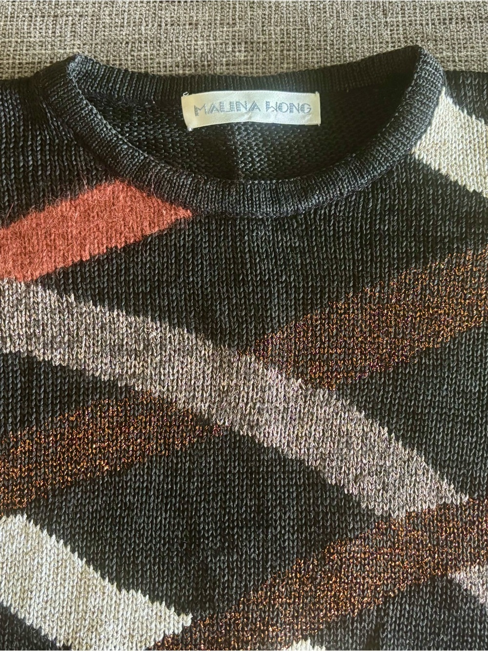 VINTAGE 1980s Black Crewneck Sweater with Cream, Silver and Rust Wave Stripes